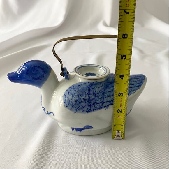 Vintage Blue and White Duck Teapot with Brass Handle - Collectible Ceramic - Picture 9 of 9